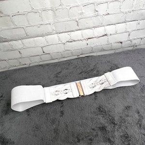 Wide Elastic White Belt Gold Tone Hardware Stretchy Braided Summer 46 in